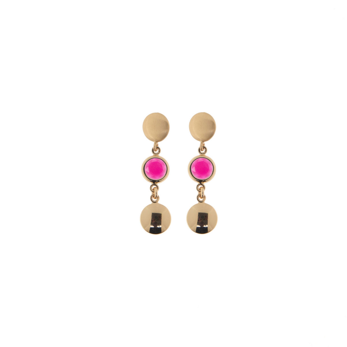 aquaforte mignon earrings with satin round head, fucsia faceted venitian glass and polished pendants elements