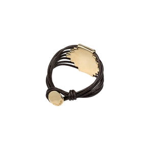 uno de 50 attached 7-brown leather strap bracelet and gold-plated metal alloy 7-cast tubule charm  and button clasp