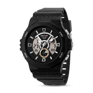 sector digital dual time, chime, stopwatch, black silicone watch