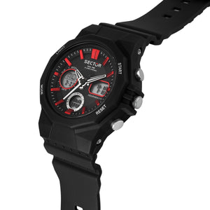 sector digital dual time, chime, stopwatch, black silicone watch
