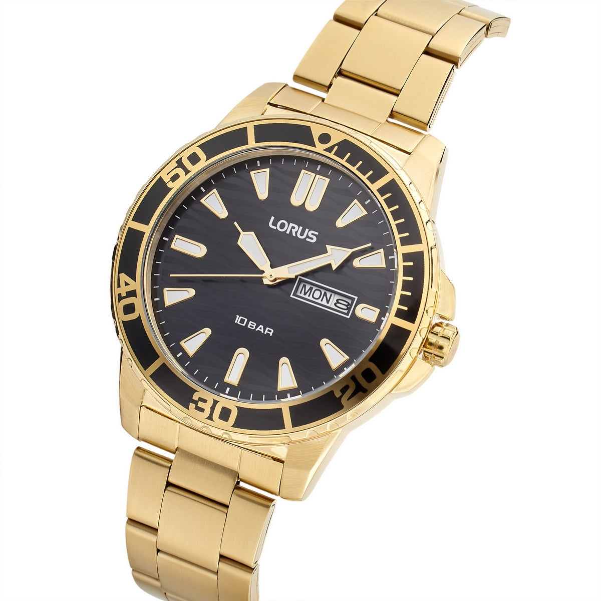 lorus quartz gents gold plated black dial bracelet watch Moores Jewellers