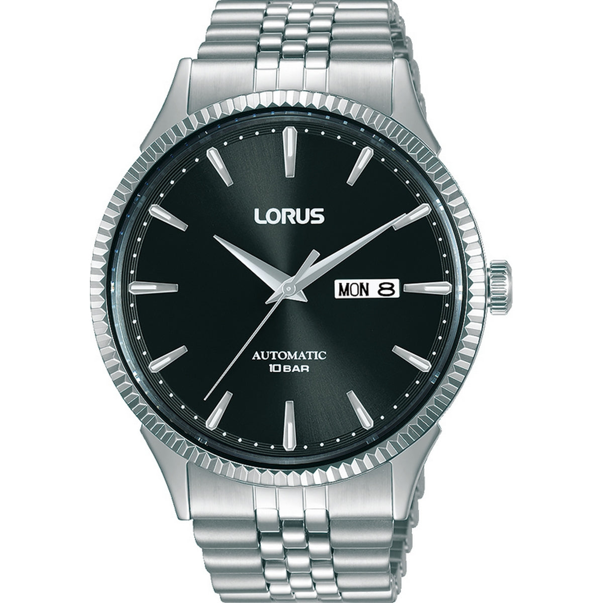 gents Moores stainless lorus steel black watch bracelet - automatic Jewellers dial