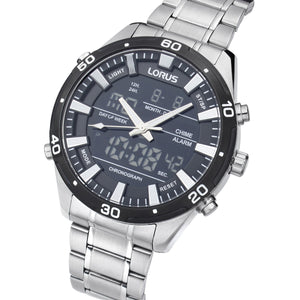 lorus quartz dual time stainless steel black dial black bezel bracelet watch