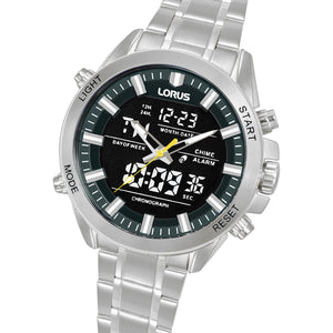 lorus quartz duo display gents stainless steel black dial bracelet watch
