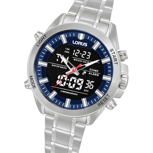 lorus quartz duo display gents stainless steel blue dial bracelet watch