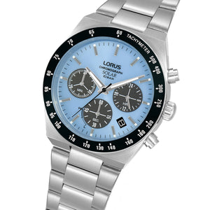 lorus solar chronograph gents stainless steel light blue dial bracelet watch