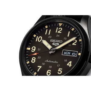 seiko seiko 5 sports field watch automatic black  dial, 39.4mm, 10bar, calf strap   watch