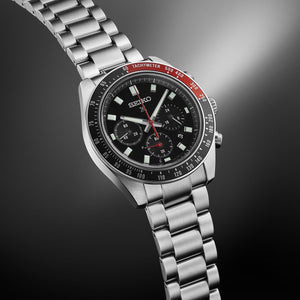 prospex speedtimer 41.4mm solar chronograph black & red bezel stainless steel bracelet watch
