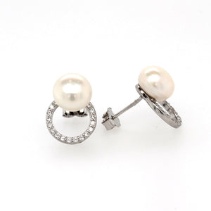 silver pearl and cz circle stud earrings 8.5mm �