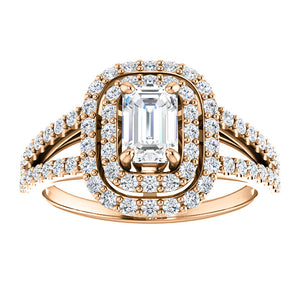 Moores Custom Made Double Halo Style Emerald Cut Diamond Engagement Ring