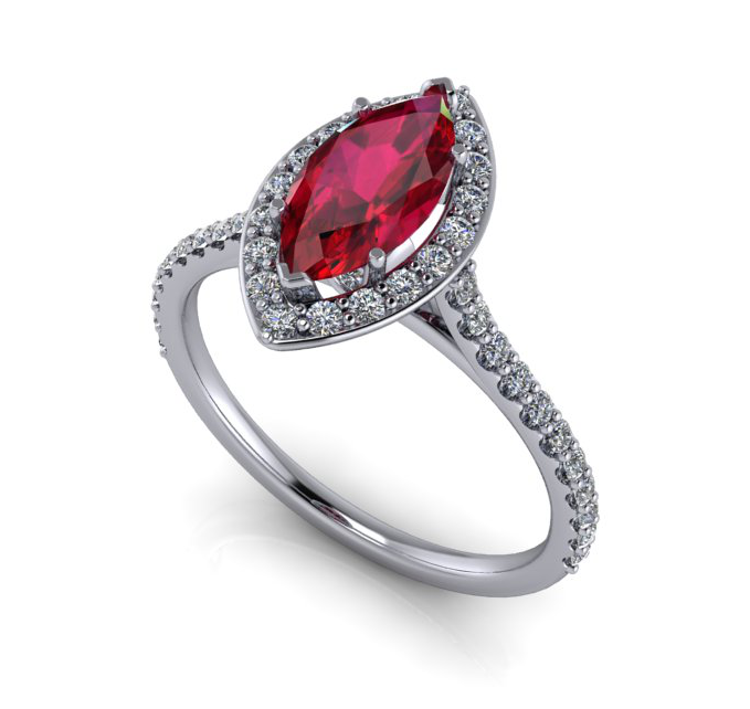 Moores Custom Made Marquise Shaped Halo Ruby & Diamond Ring