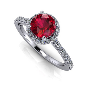 Moores Custom Made Ruby and Diamond Halo Style Ring