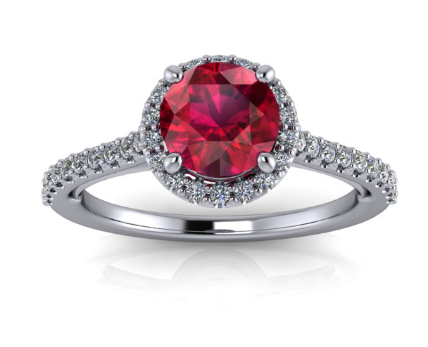 Moores Custom Made Ruby and Diamond Halo Style Ring