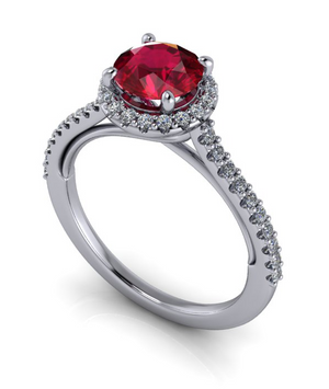 Moores Custom Made Ruby and Diamond Halo Style Ring