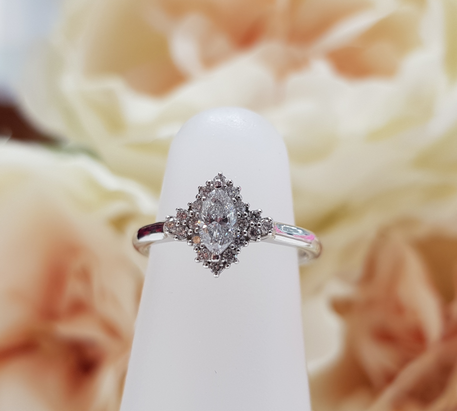 Bespoke Platinum & Diamond Marquise Shaped Halo Engagement Ring by Moores