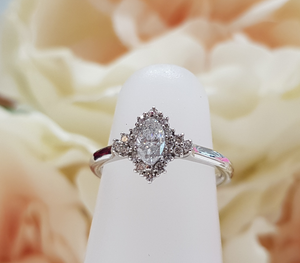 Bespoke Platinum & Diamond Marquise Shaped Halo Engagement Ring by Moores